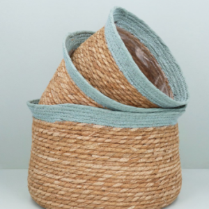 Woven Tub Baskets | Blue/Green Trim Natural