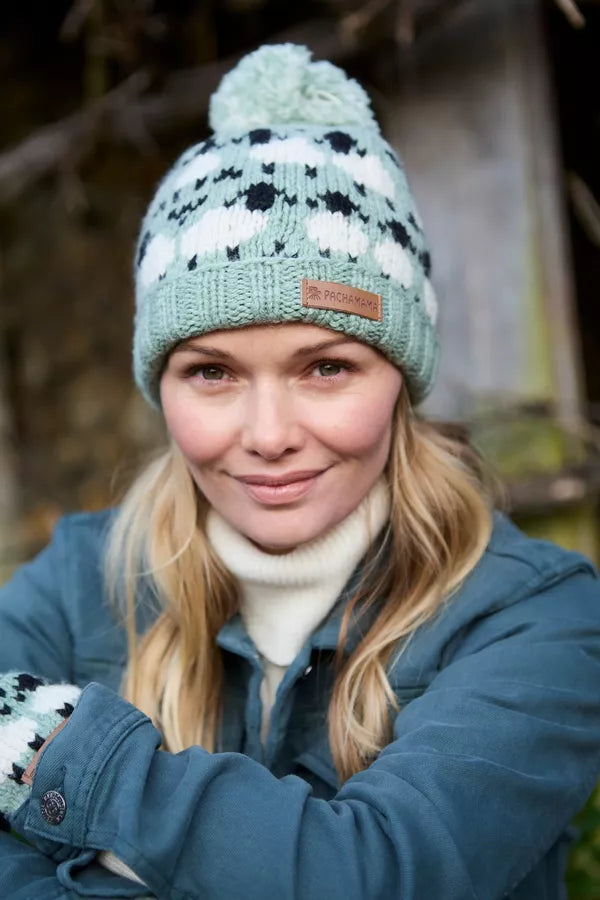 Sheep (Merino) Roll Back Bobble Beanie | Blue/Green