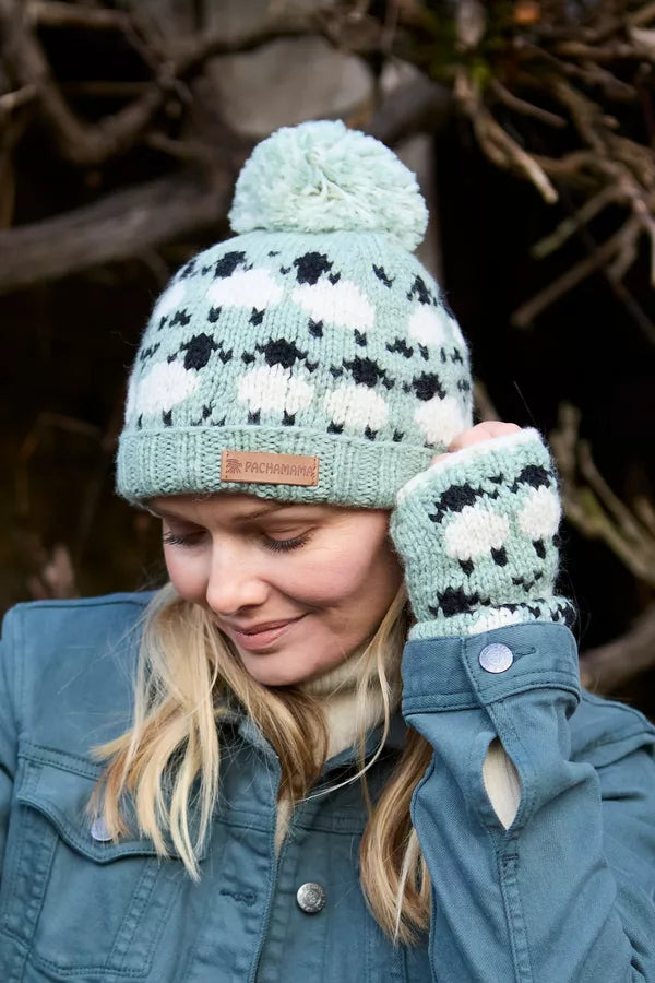 Sheep (Merino) Roll Back Bobble Beanie | Blue/Green