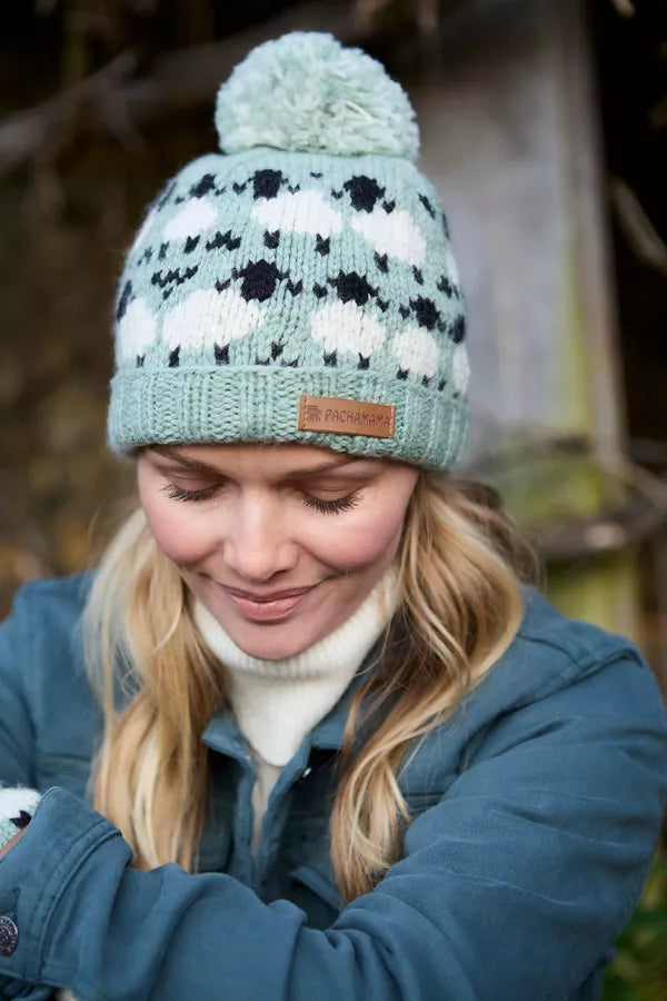 Sheep (Merino) Roll Back Bobble Beanie | Blue/Green
