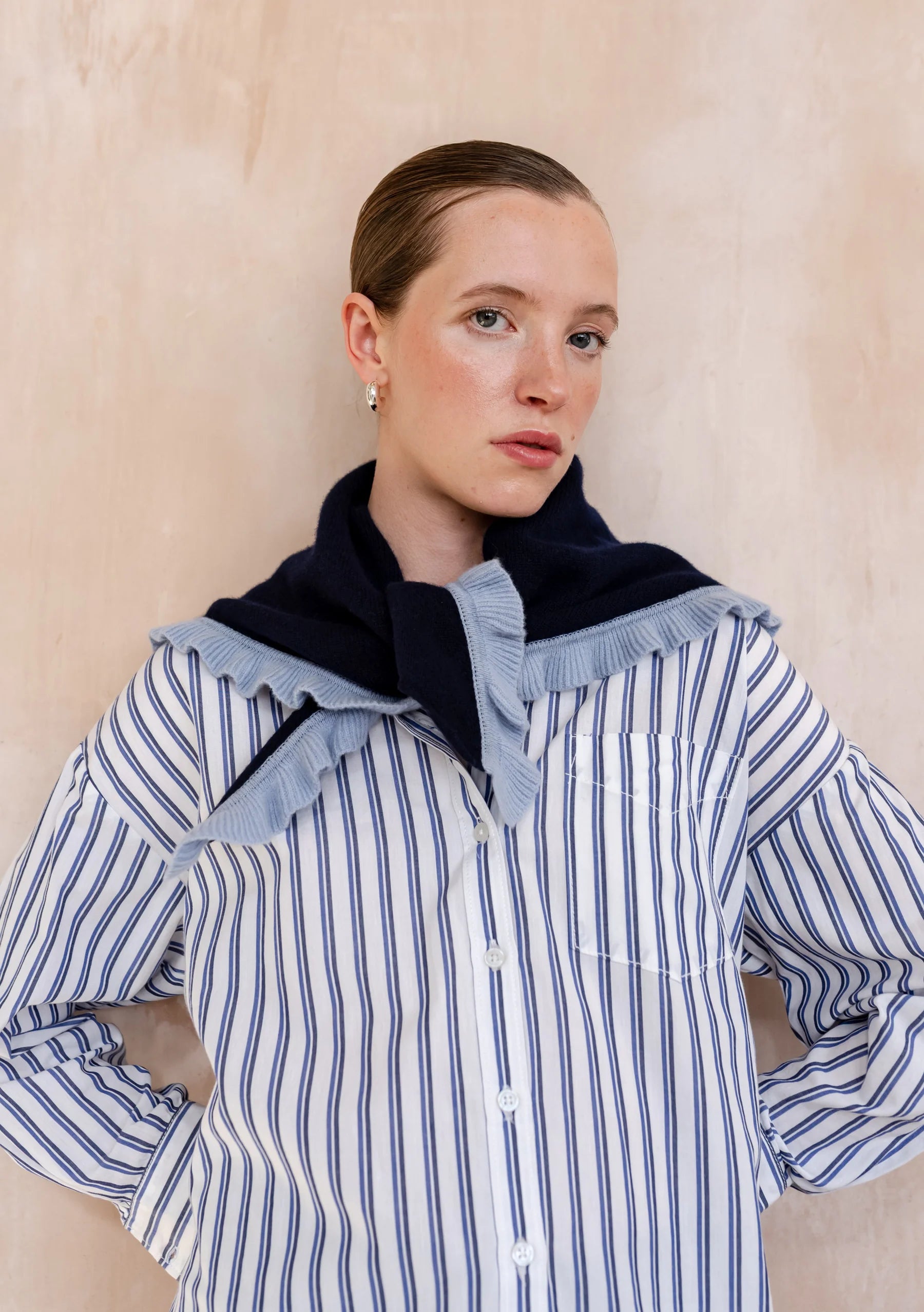 Merino Wool Triangle Scarf - Navy Ruffle