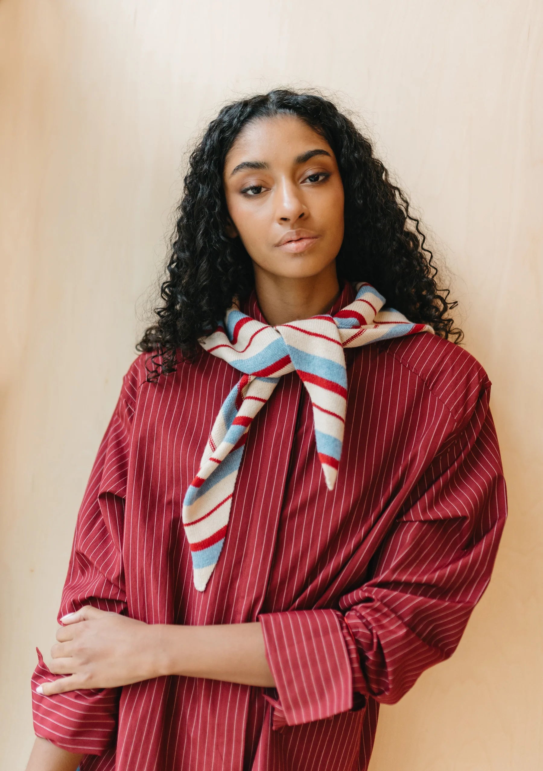 Merino Wool Triangle Scarf  | Blue & Red Stripe