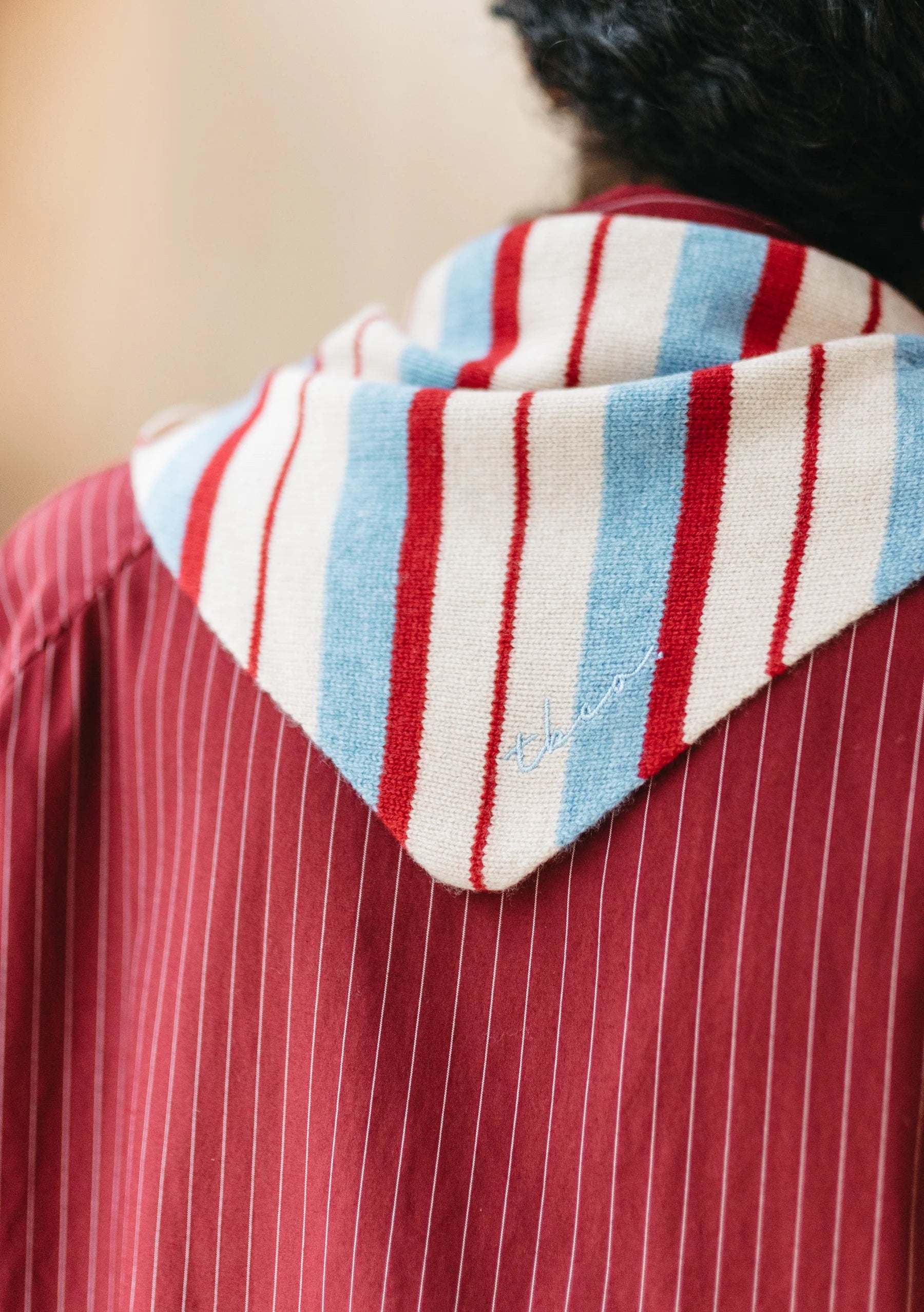 Merino Wool Triangle Scarf  | Blue & Red Stripe