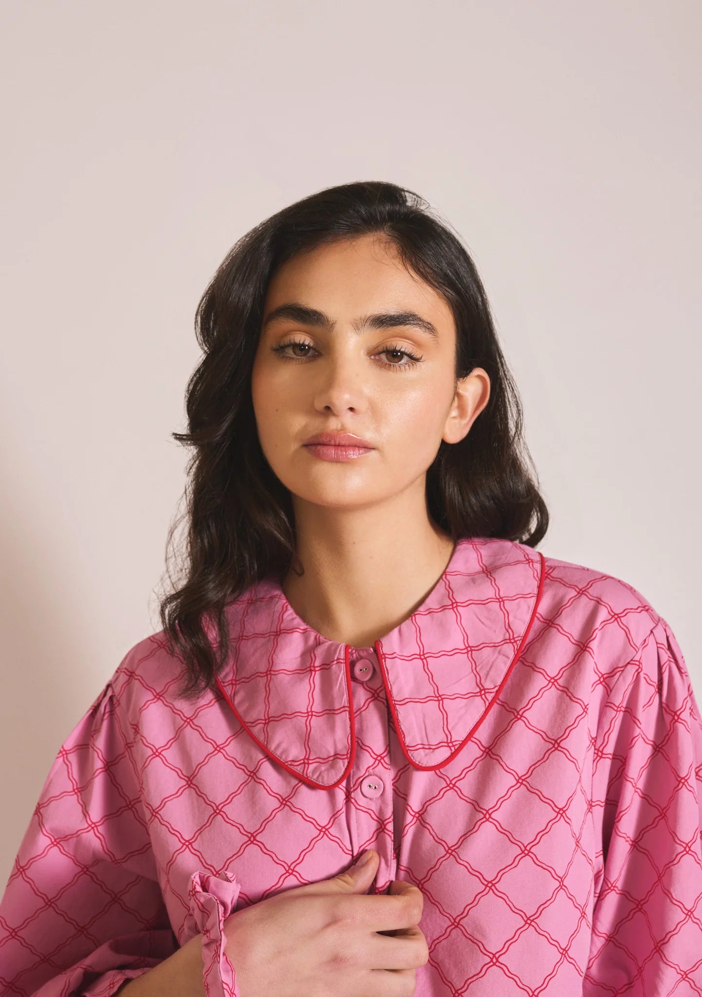 Cropped Cotton Pyjama Set | Pink Lattice - Medium