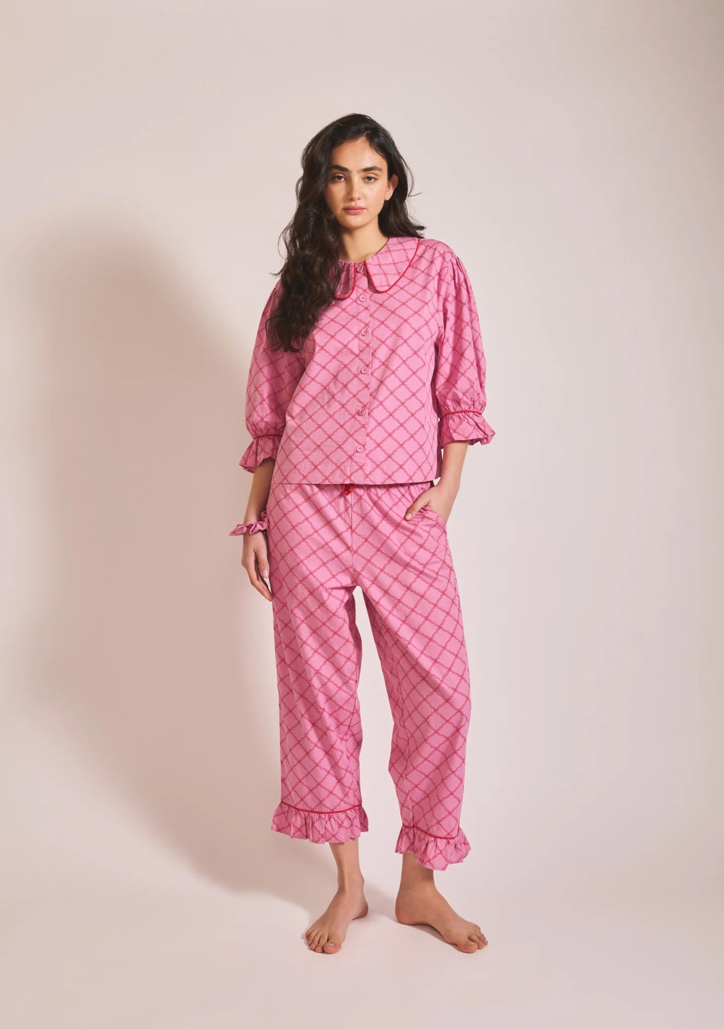 Cropped Cotton Pyjama Set | Pink Lattice - Medium