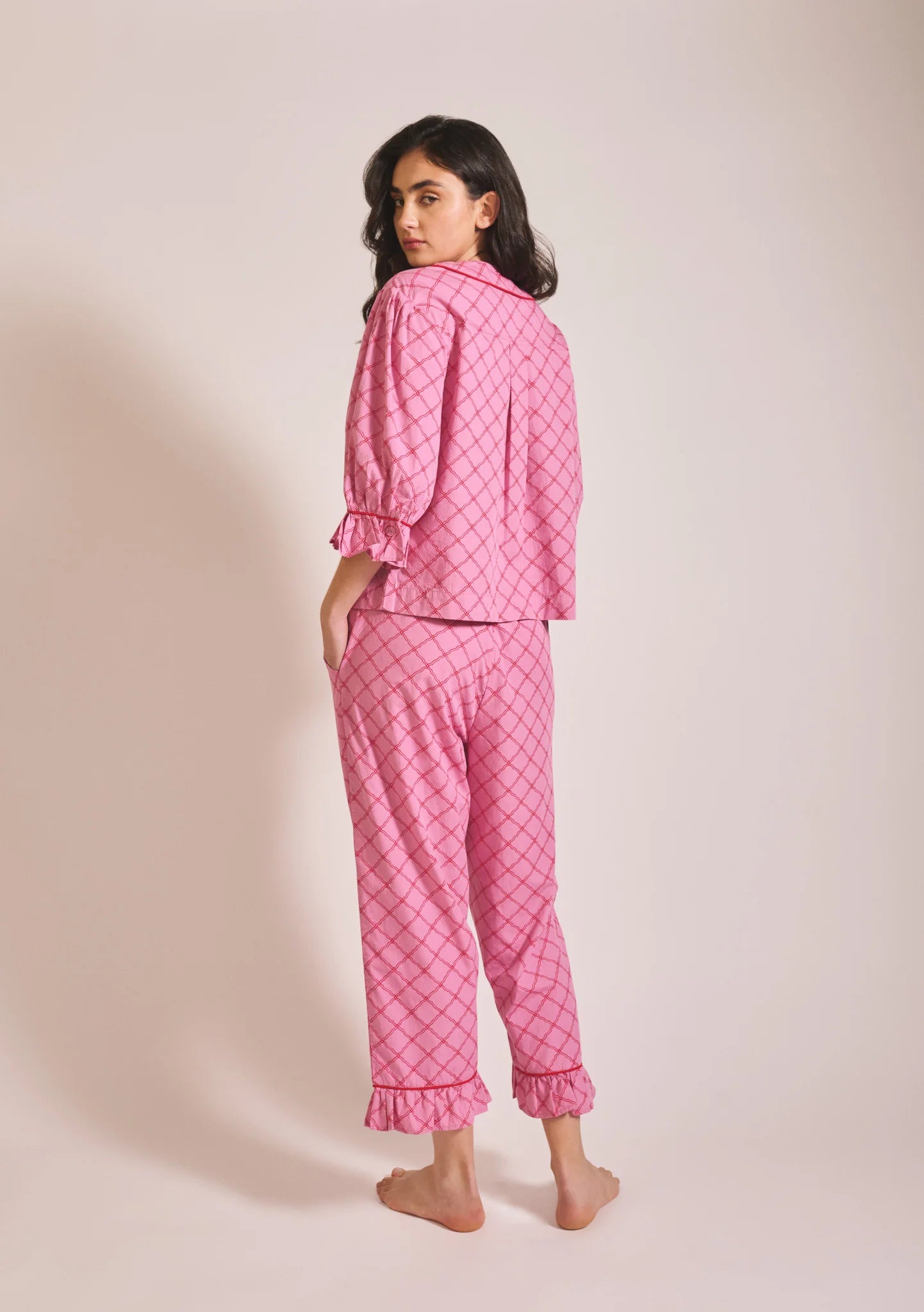 Cropped Cotton Pyjama Set | Pink Lattice - Medium