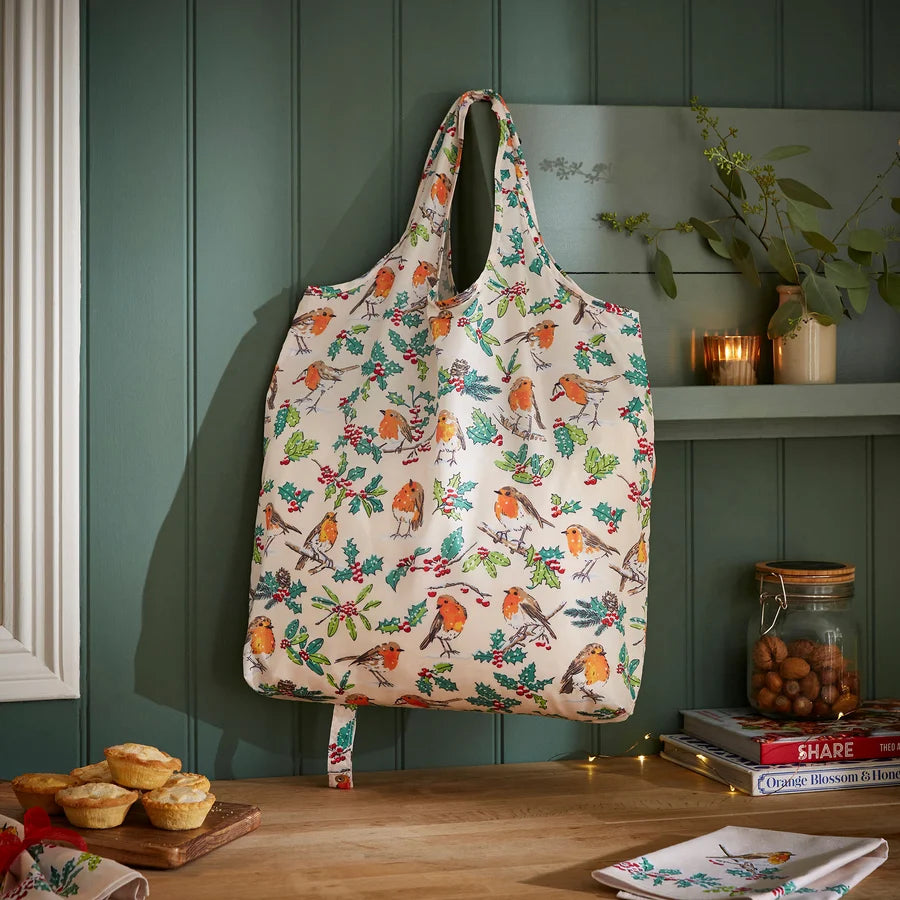 Christmas Robins | Foldable Tote Bag Medium | Green