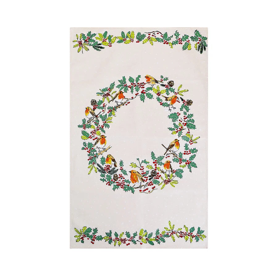 Christmas Robins | Cotton Tea Towel | Green
