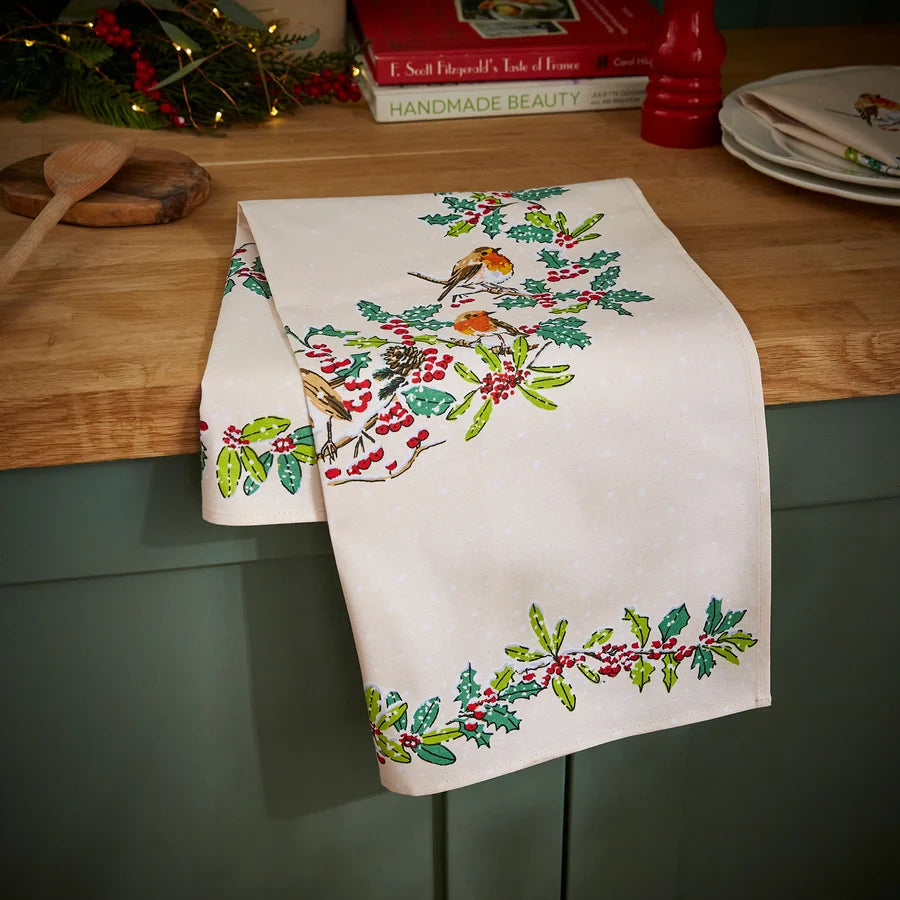 Christmas Robins | Cotton Tea Towel | Green