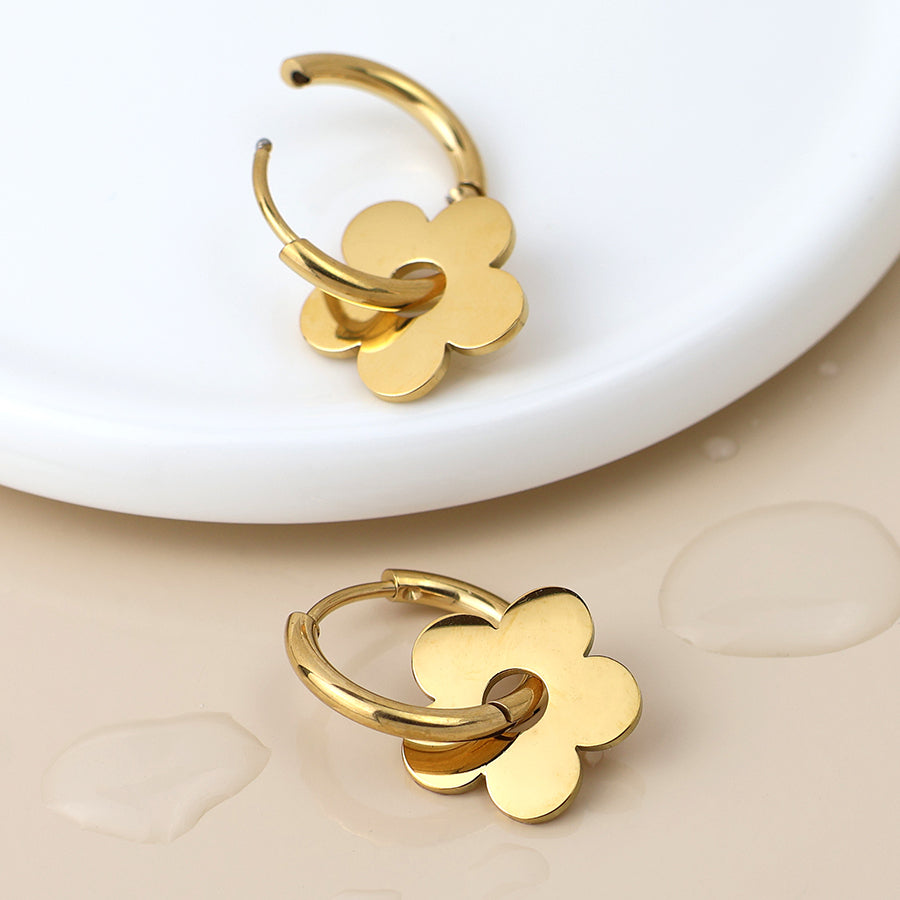 Waterproof Gold Plated Hoop and Retro Flower Earrings