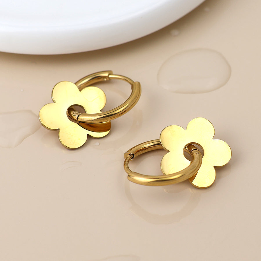 Waterproof Gold Plated Hoop and Retro Flower Earrings