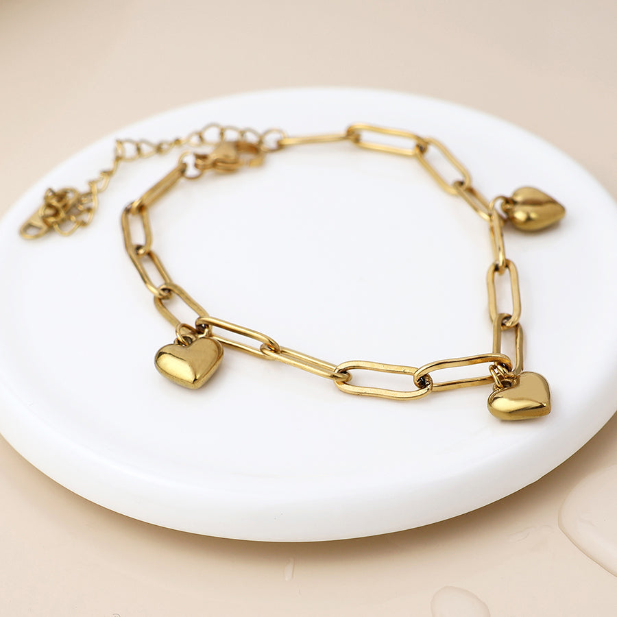 Paperlink Chain Heart Charms | Gold Plated Bracelet
