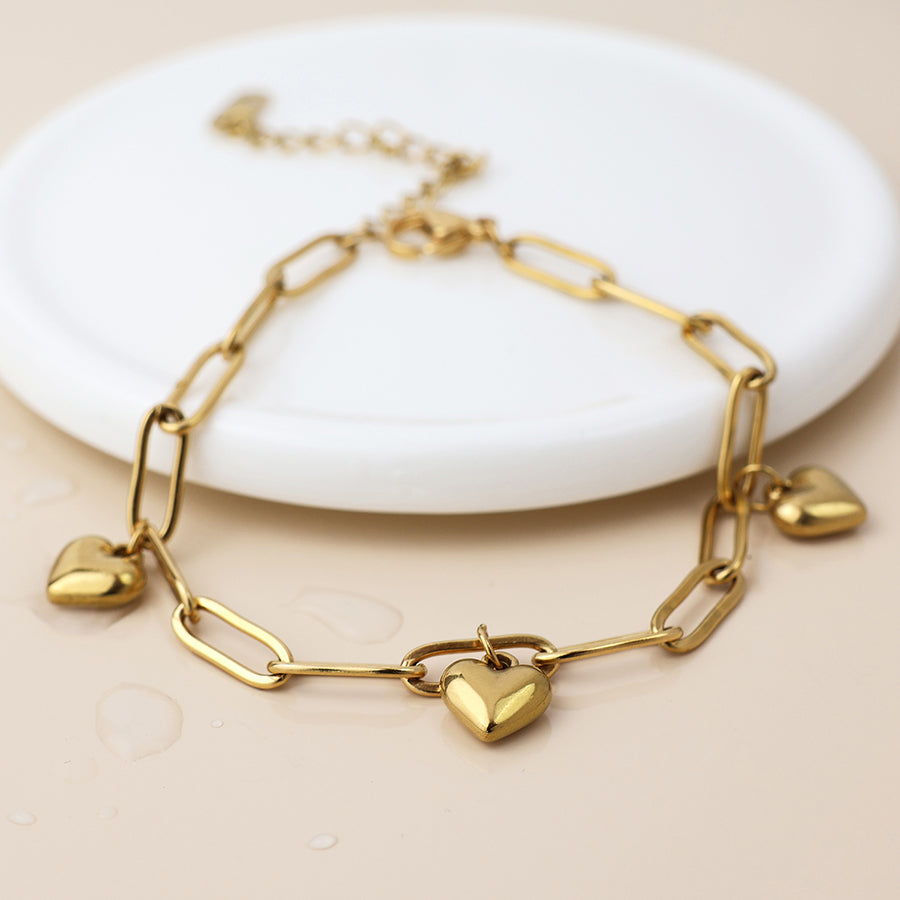 Paperlink Chain Heart Charms | Gold Plated Bracelet