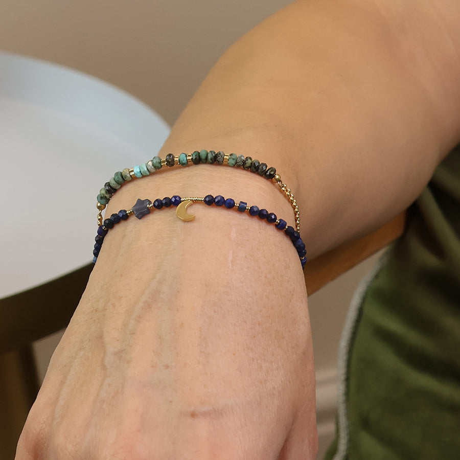 Bead Chain & Green Stones | Gold Plated Bracelet