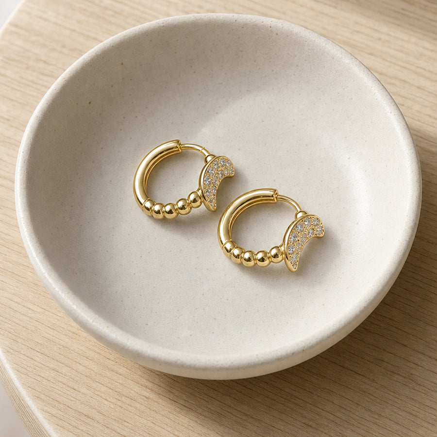 Palazzo Stainless Steel Crystal Moon Hoop Earrings | Gold Plated