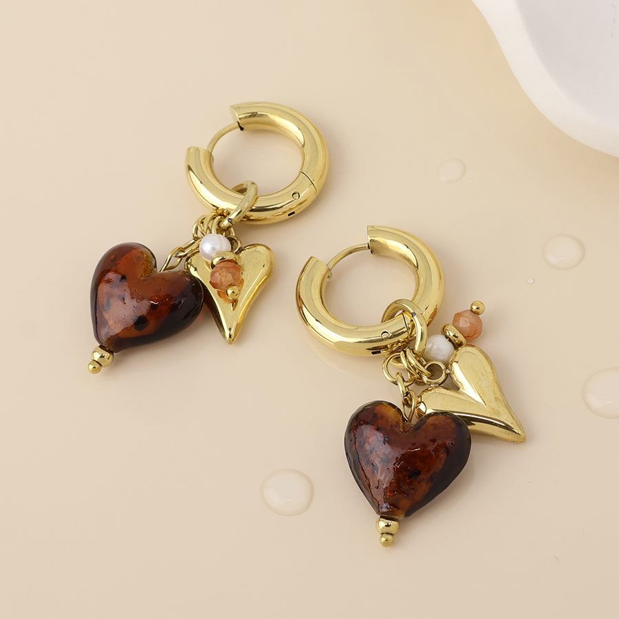 Treasure Stainless Steel Brown & Gold Heart Hoop Earrings | Gold Plated