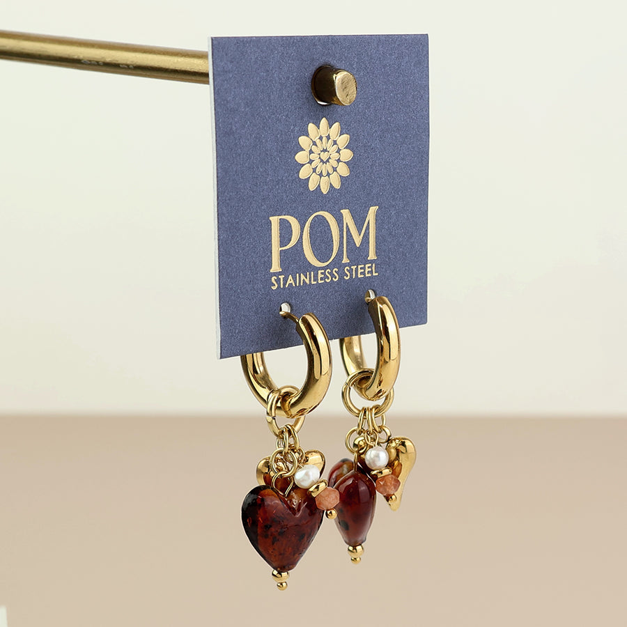 Treasure Stainless Steel Brown & Gold Heart Hoop Earrings | Gold Plated
