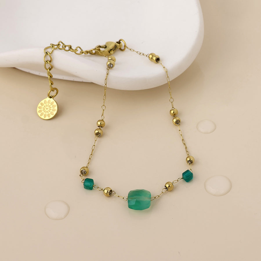 Ivy Stainless Steel Bead Station & Green Stone Bracelet | Gold Plated