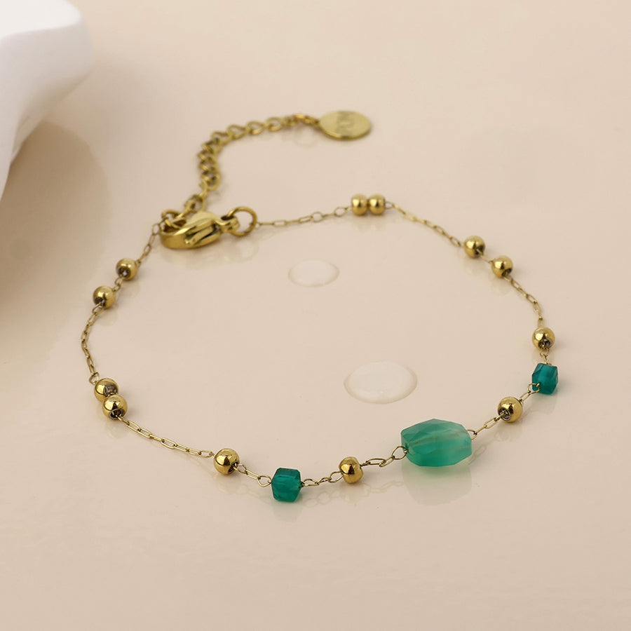 Ivy Stainless Steel Bead Station & Green Stone Bracelet | Gold Plated