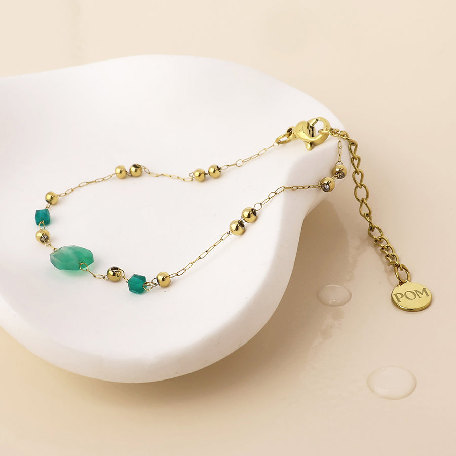 Ivy Stainless Steel Bead Station & Green Stone Bracelet | Gold Plated