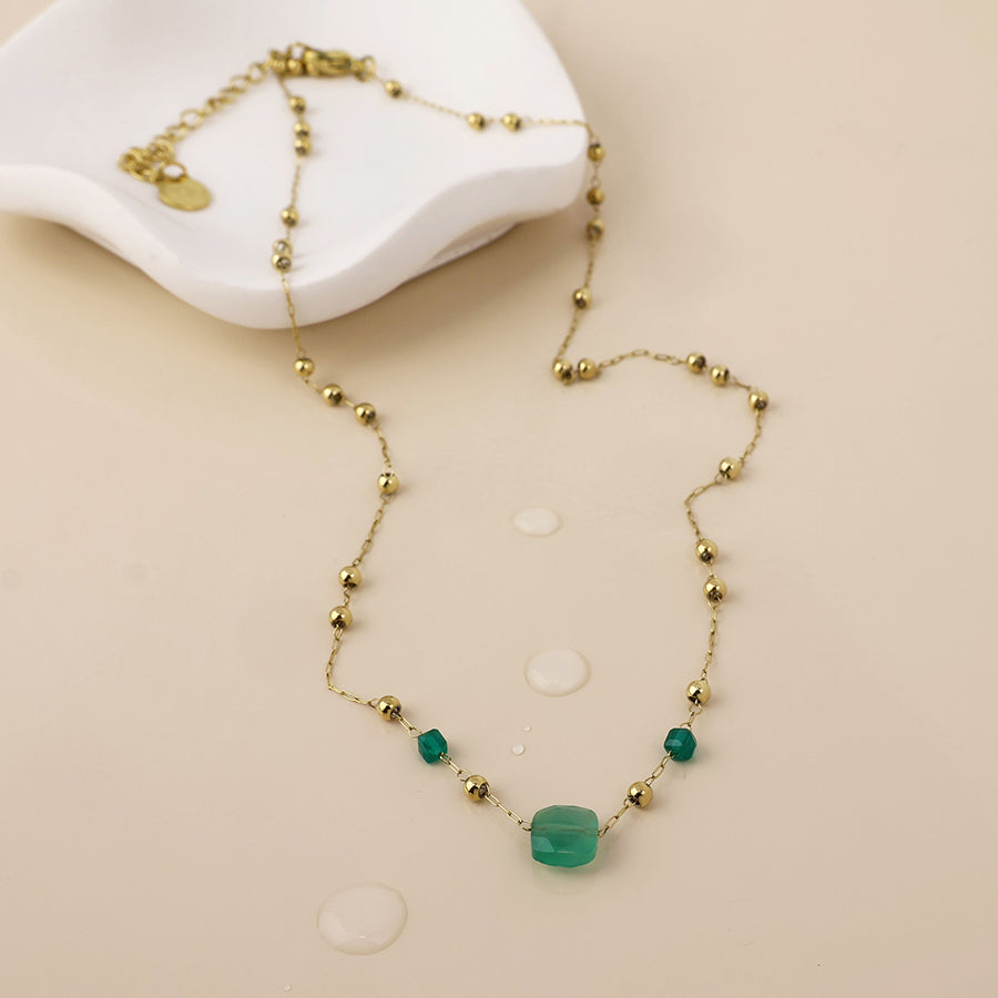 Ivy Stainless Steel Bead Station & Green Stone Necklace | Gold Plated