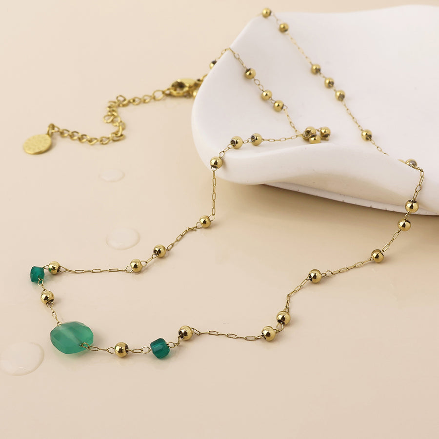 Ivy Stainless Steel Bead Station & Green Stone Necklace | Gold Plated