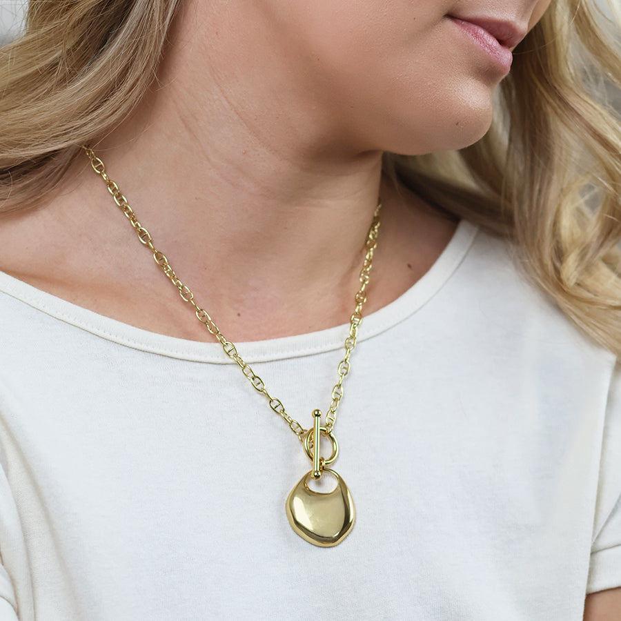 Celeste Stainless Steel Gold Plated Oval Pebble T-Bar Necklace