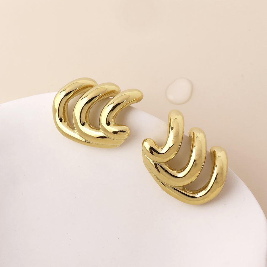 Wavey Stainless Steel Triple Curve Stud Earrings | Gold Plated