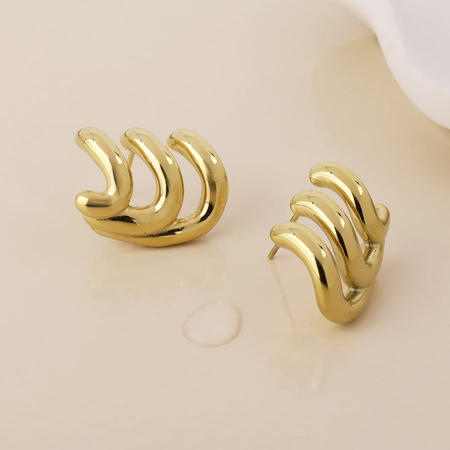 Wavey Stainless Steel Triple Curve Stud Earrings | Gold Plated