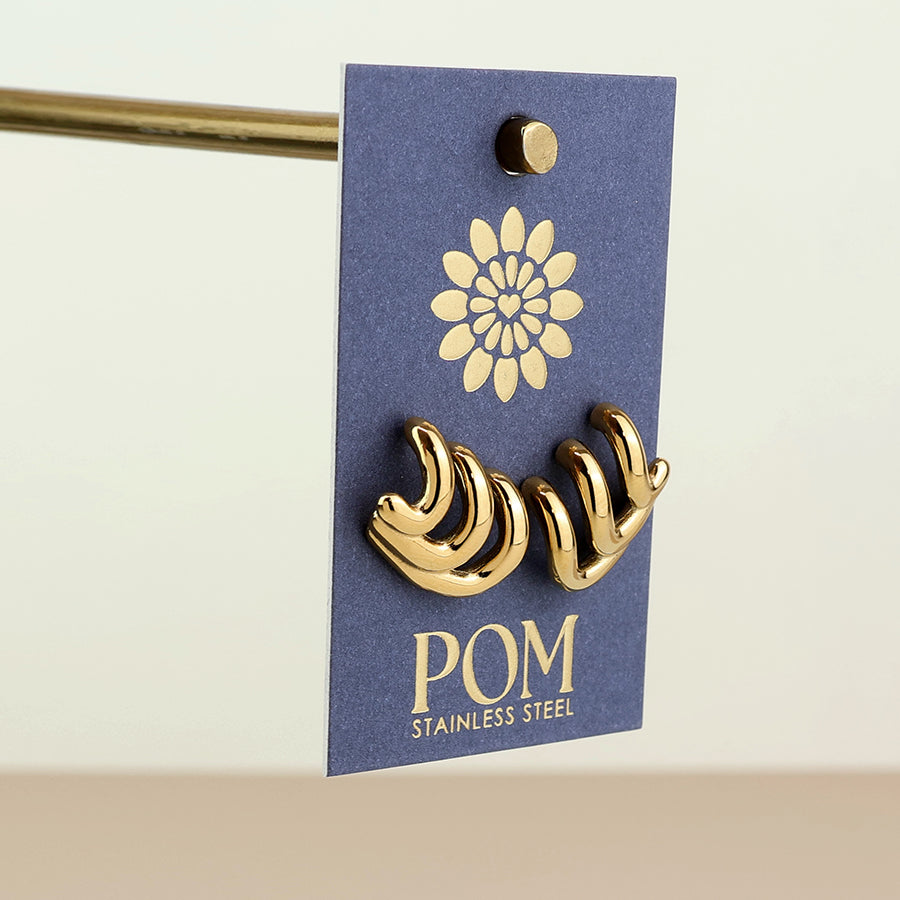 Wavey Stainless Steel Triple Curve Stud Earrings | Gold Plated