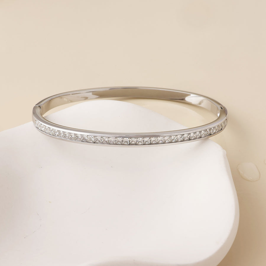 Elera Stainless Steel Platinum Plated Crystal Inset Fine Bangle