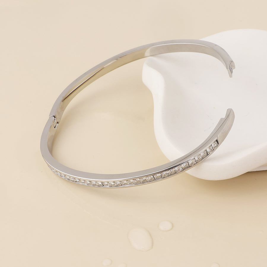 Elera Stainless Steel Platinum Plated Crystal Inset Fine Bangle
