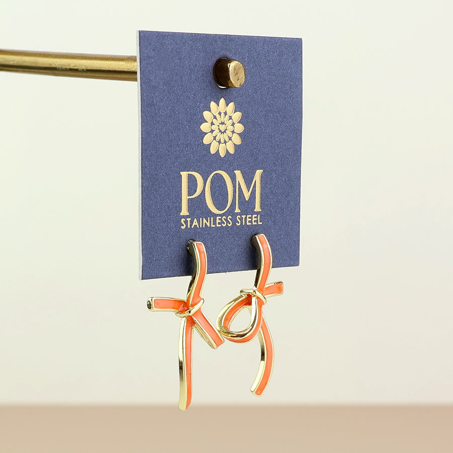 Seraphina Stainless Steel Orange Enamel Bow Earrings | Gold Plated