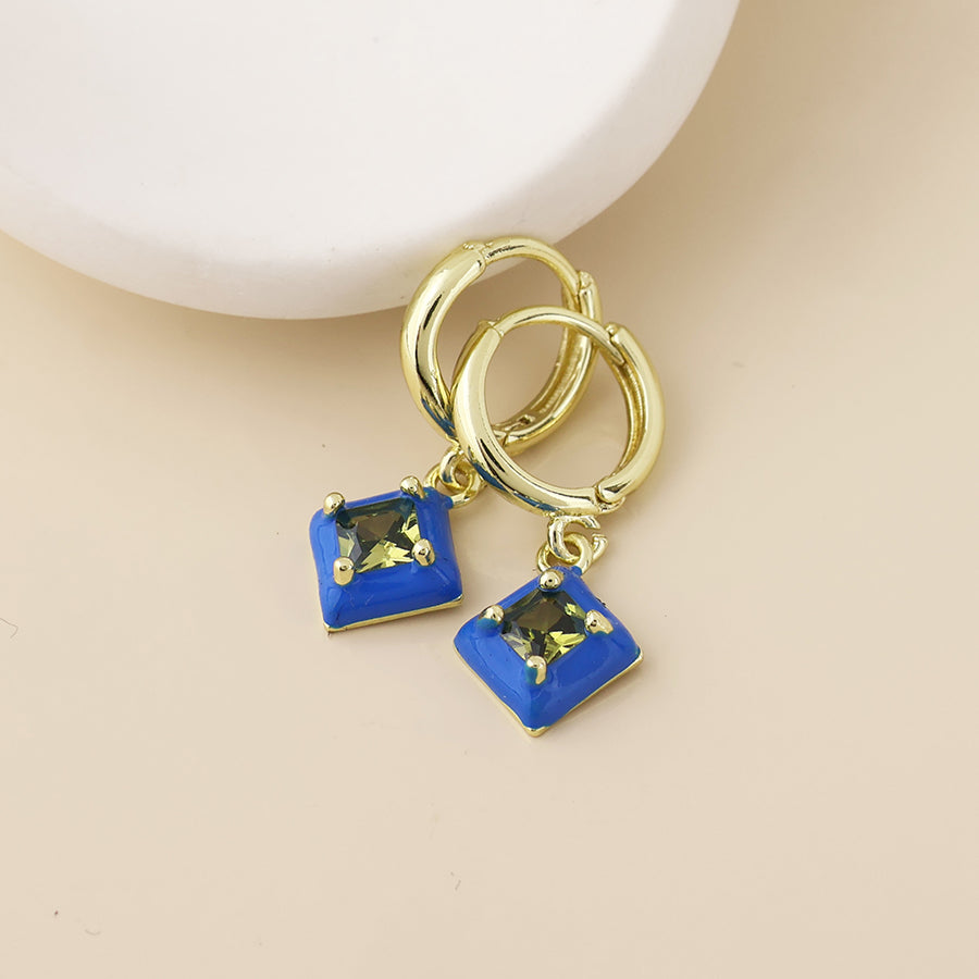 Candy Stainless Steel Hoop Blue Crystal Diamond Charm Earrings | Gold PLated
