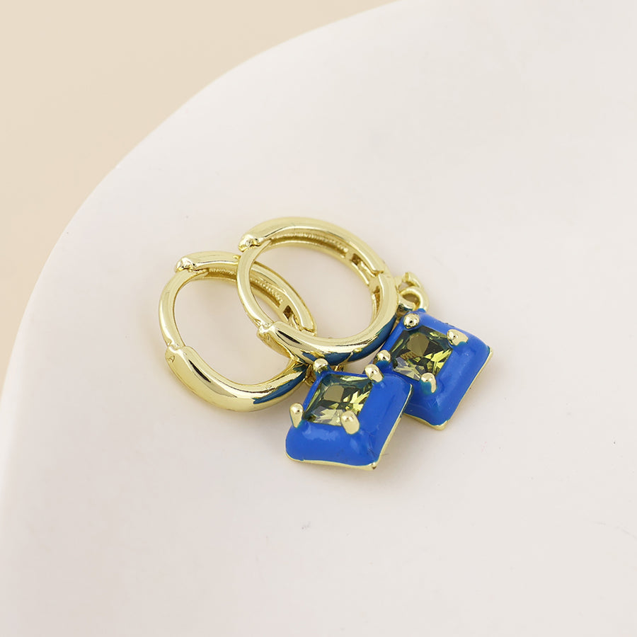 Candy Stainless Steel Hoop Blue Crystal Diamond Charm Earrings | Gold PLated