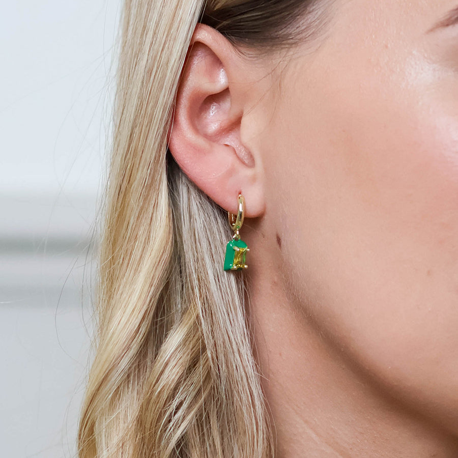 Candy Stainless Steel Hoop Green Crystal Oblong Charm Earrings | Golden Plated