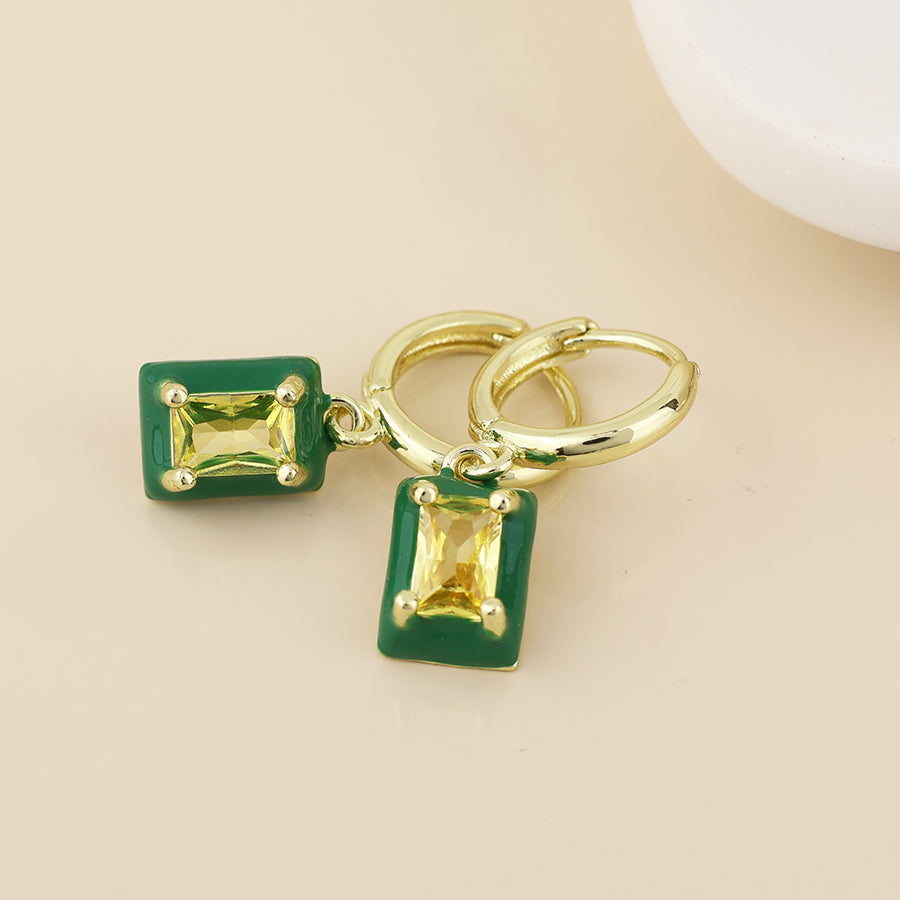 Candy Stainless Steel Hoop Green Crystal Oblong Charm Earrings | Golden Plated