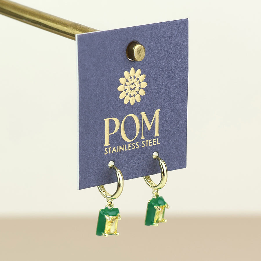 Candy Stainless Steel Hoop Green Crystal Oblong Charm Earrings | Golden Plated