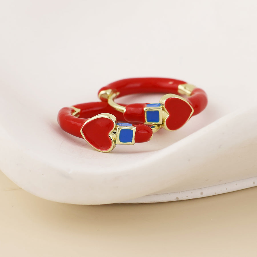 Soda Stainless Steel Hoop Red & Blue Heart Huggie Earrings | Gold Plated