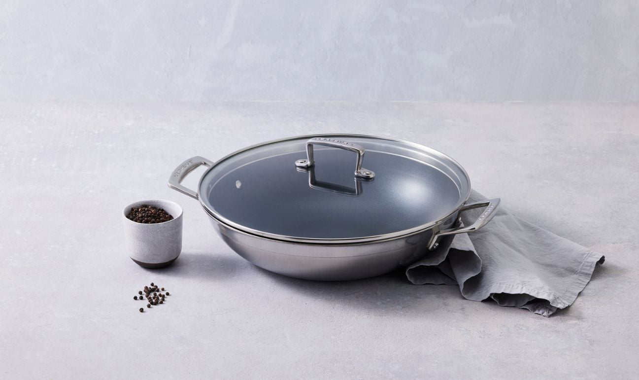 3-ply Stainless Steel Non-Stick Wok with Glass Lid