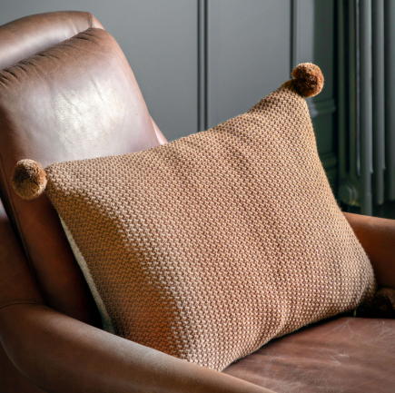 Moss Stitch PomPom Cushion | Tan