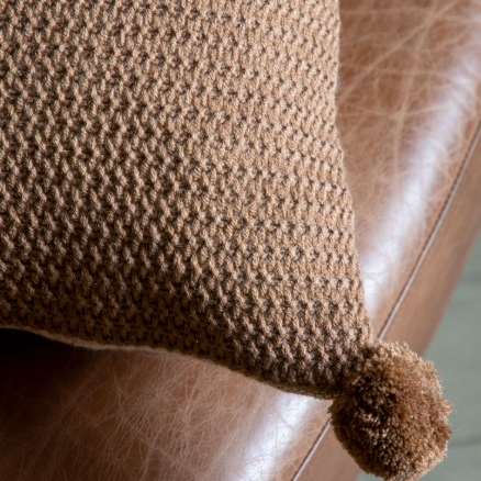 Moss Stitch PomPom Cushion | Tan