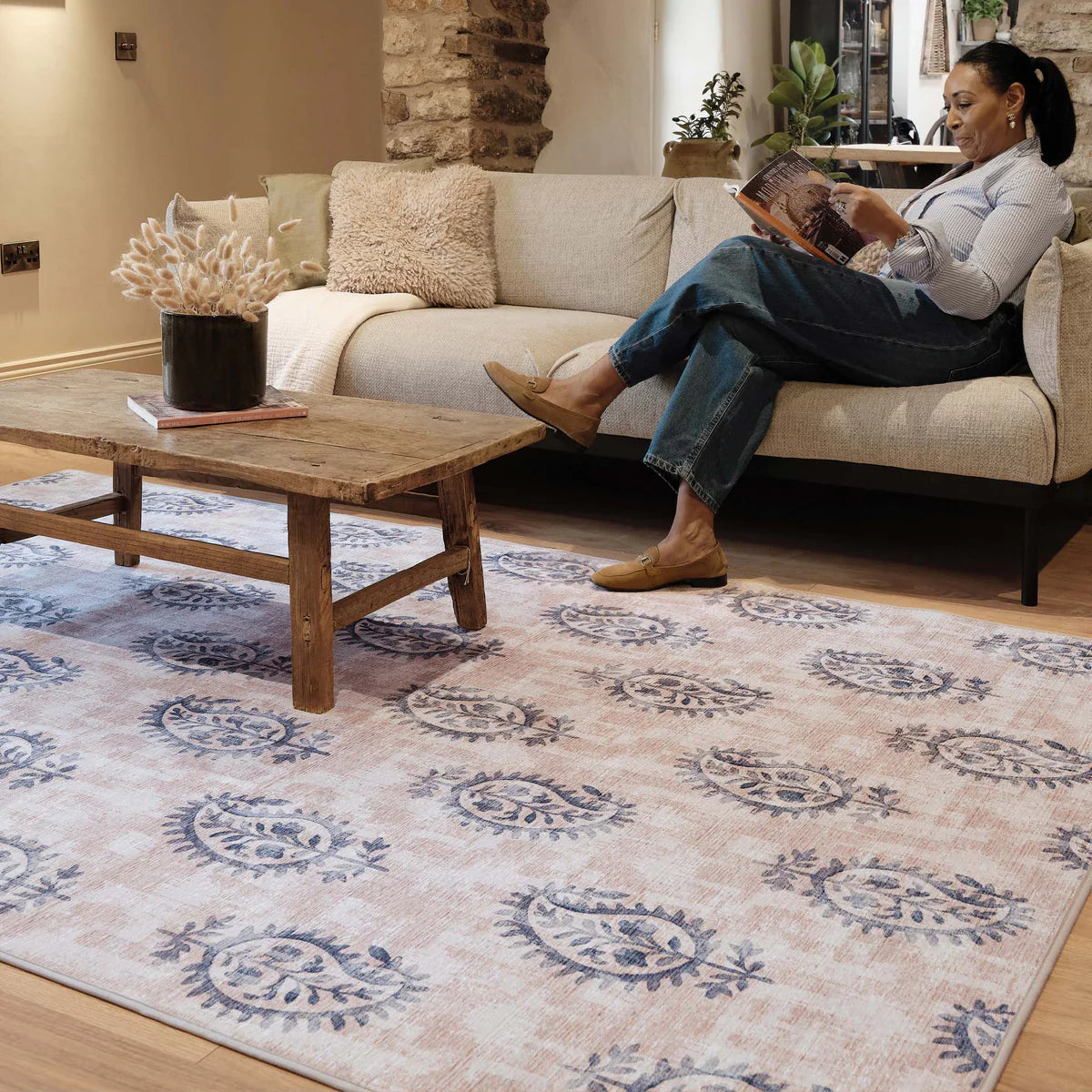 Hug Rug Washable Rug | Woodblock Paisley Blue