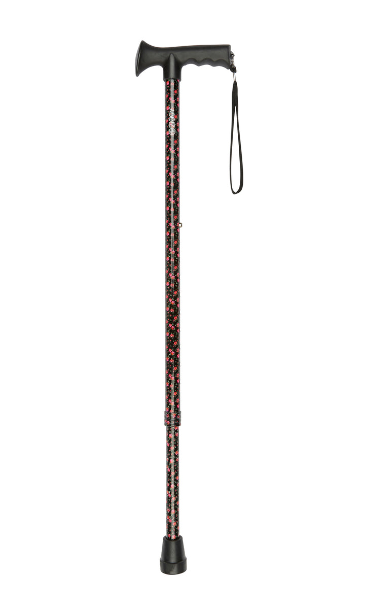 Black Floral Pattern Adjustable Stick With Gel Grip Handle