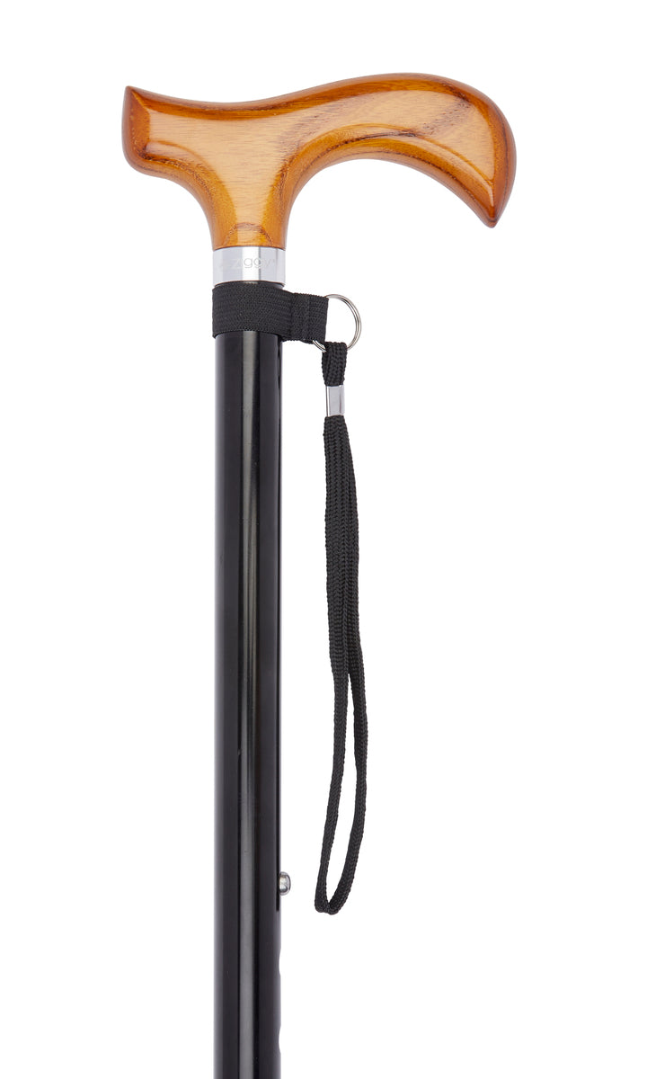 Black Natural Wooden Derby Handle Adjustable Stick With Shock Absorber