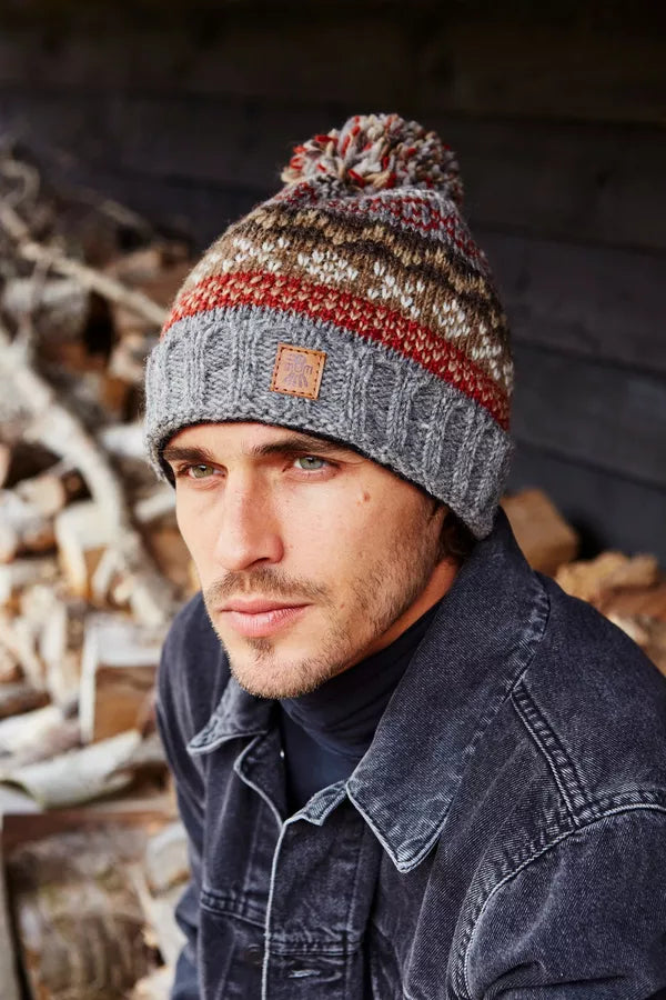 Mens Classic Fairisle Bobble Beanie | Grey