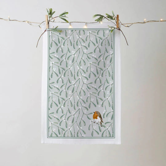 Mistletoe & Robin Recycled Cotton Blend Tea Towel in Beige