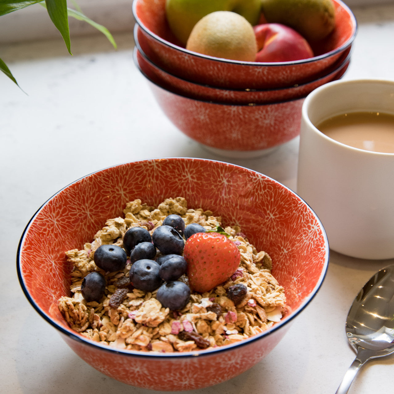 Red Floral and Blue Edge Ceramic Bowl