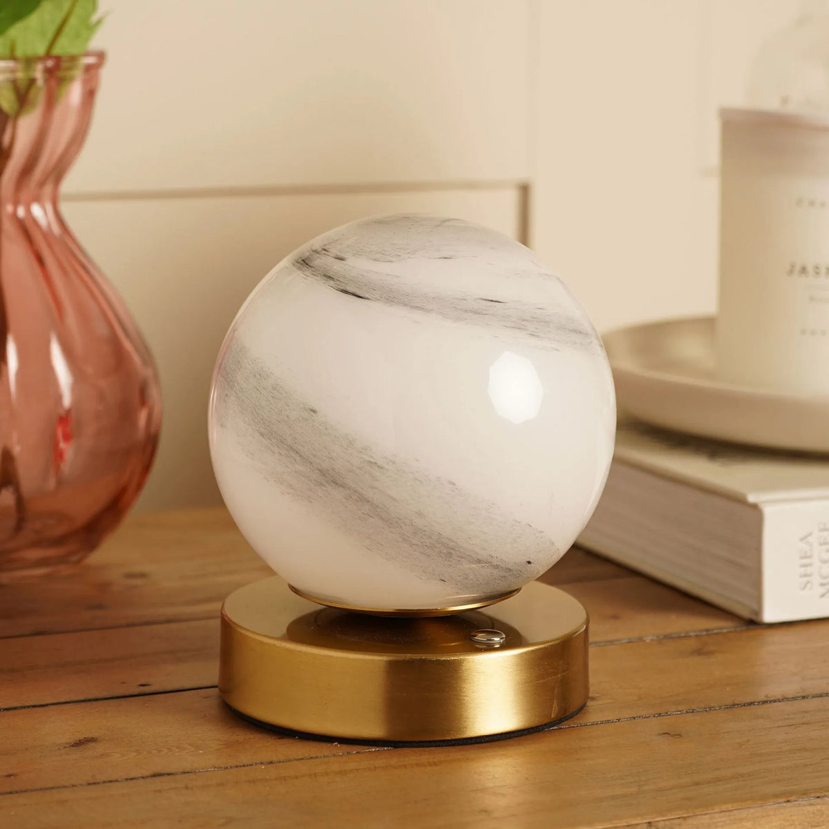 Hestia Marbled Glass Bronze Ball USB LED Touch | Table Lamp