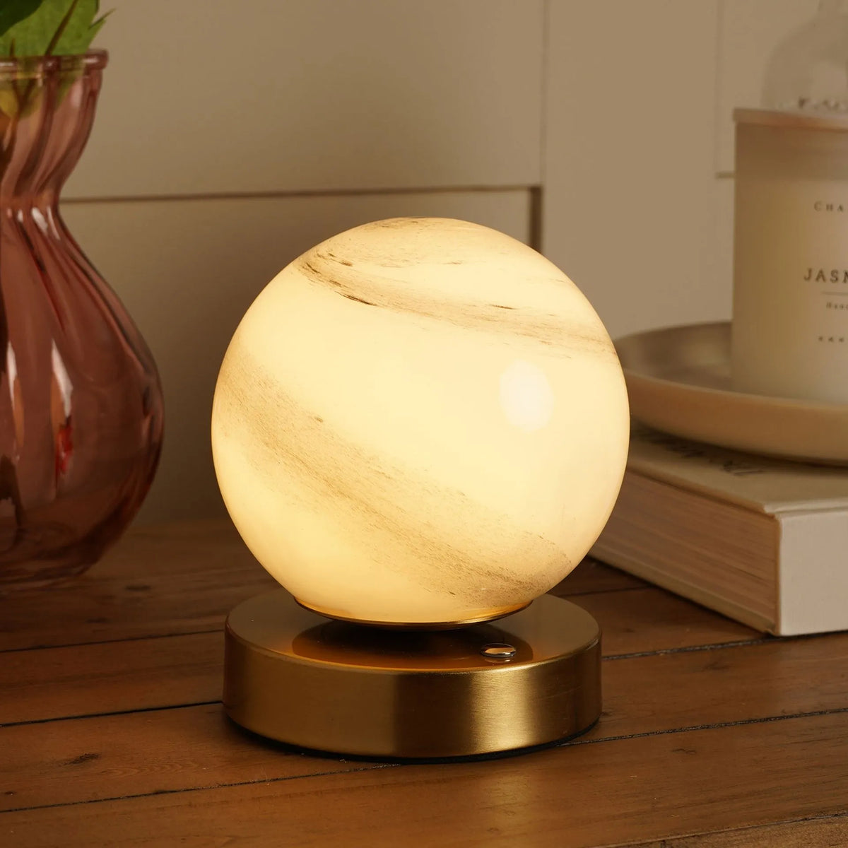 Hestia Marbled Glass Bronze Ball USB LED Touch | Table Lamp